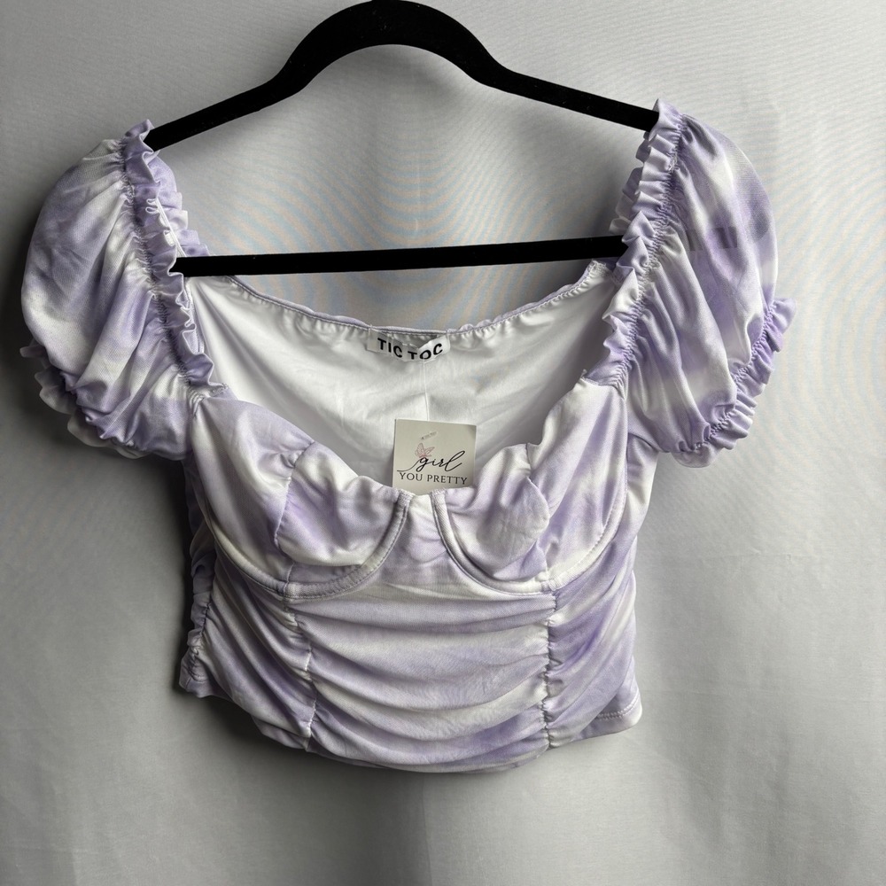 Tic Toc Girl You Pretty Purple Tie Dye Ruched‎ Crop Top L NWT Ethereal Coquette